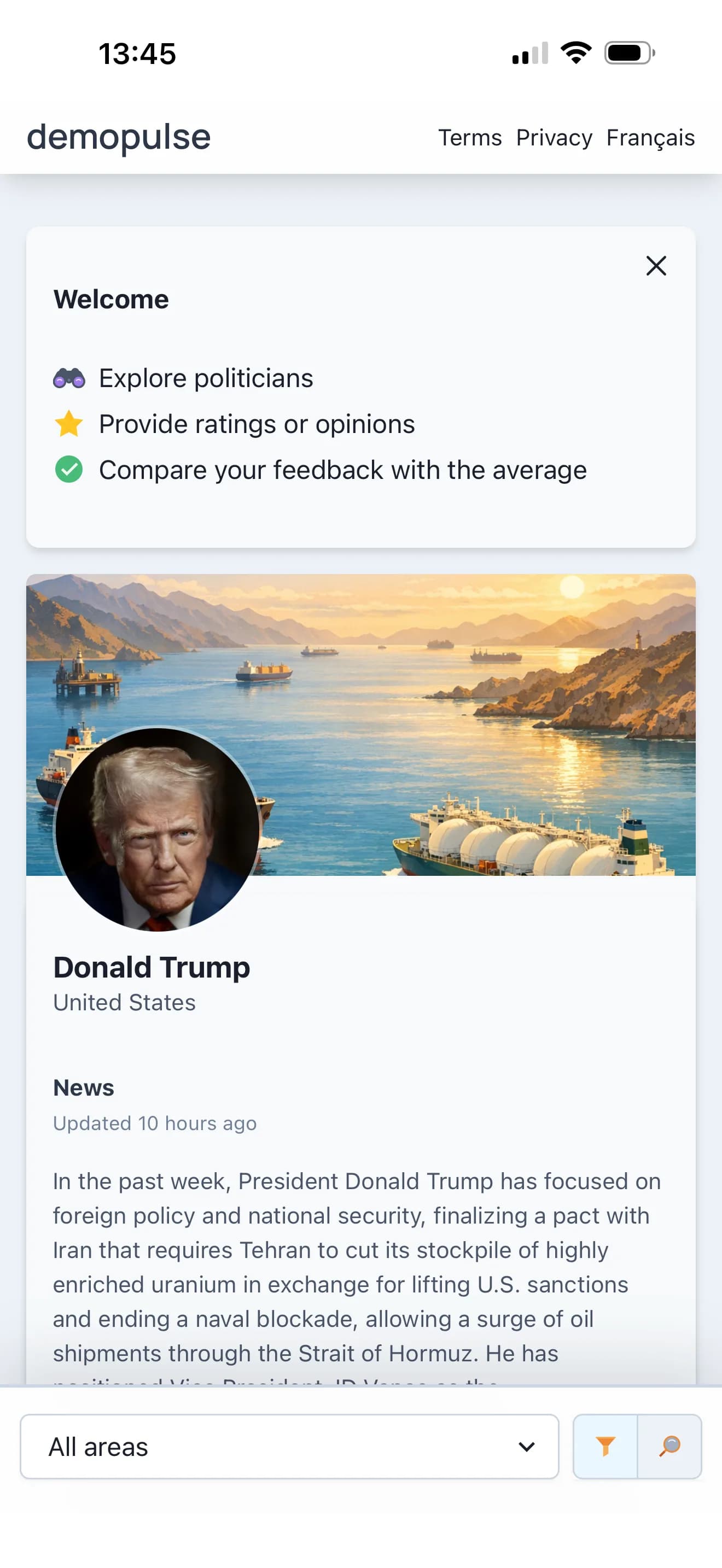 Demopulse welcome panel inviting users to explore politicians, provide ratings or opinions and compare feedback with the average.