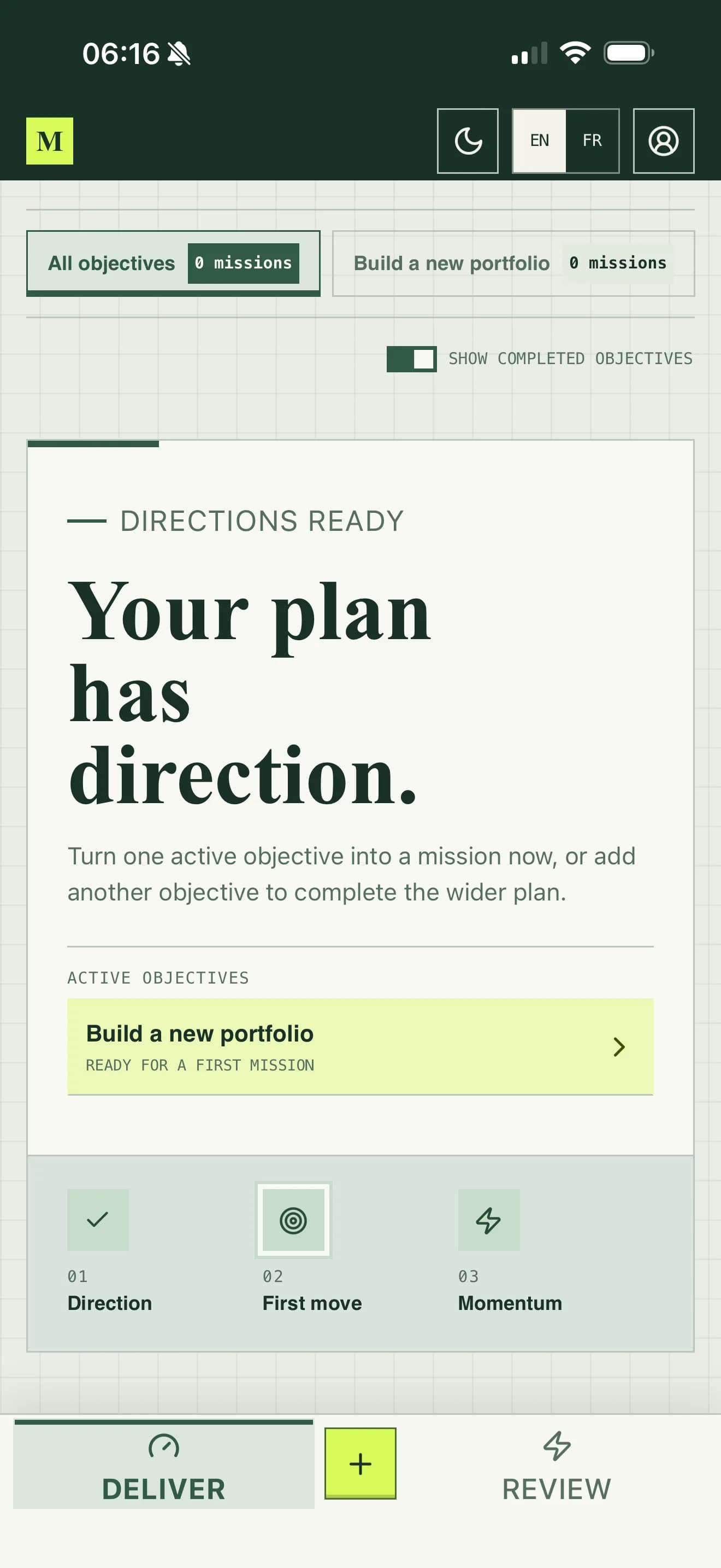 Magimica planning screen showing a selected direction and actions to refine the plan or generate missions.