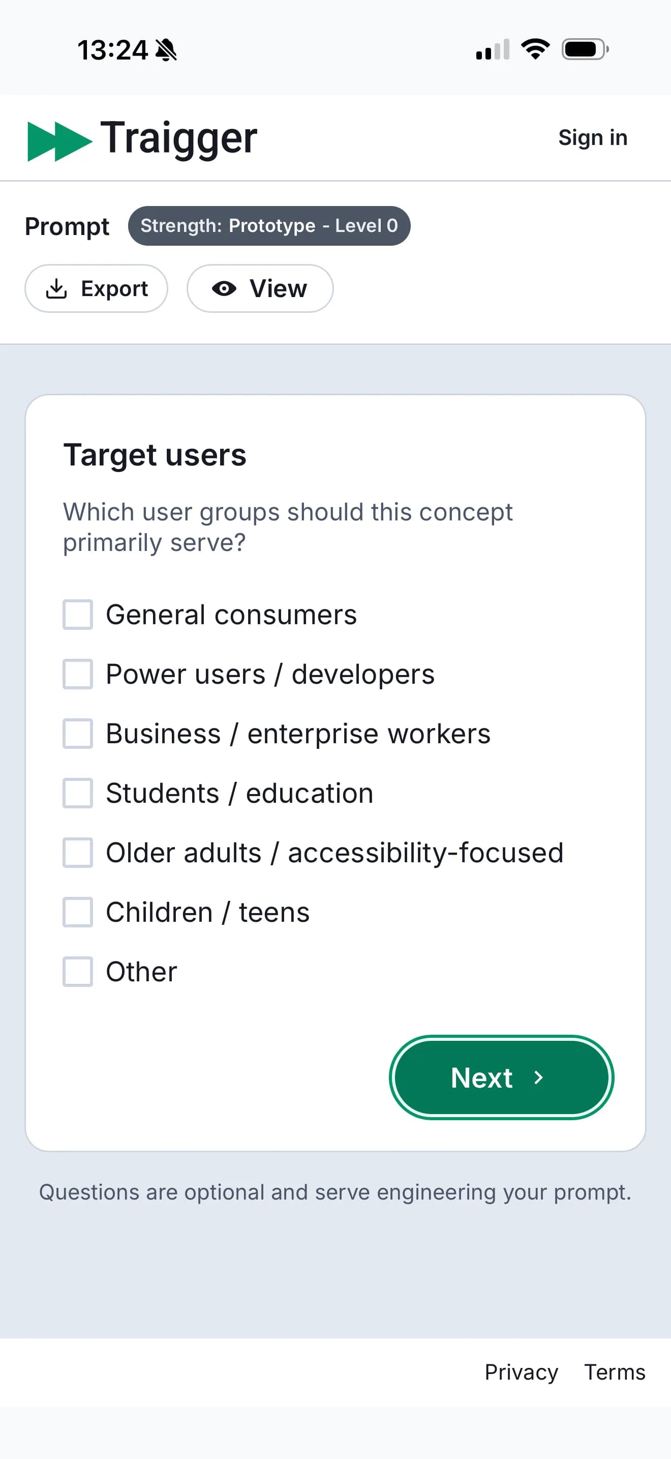 Traigger prompt engineering screen asking an optional multiple-choice question about target users.