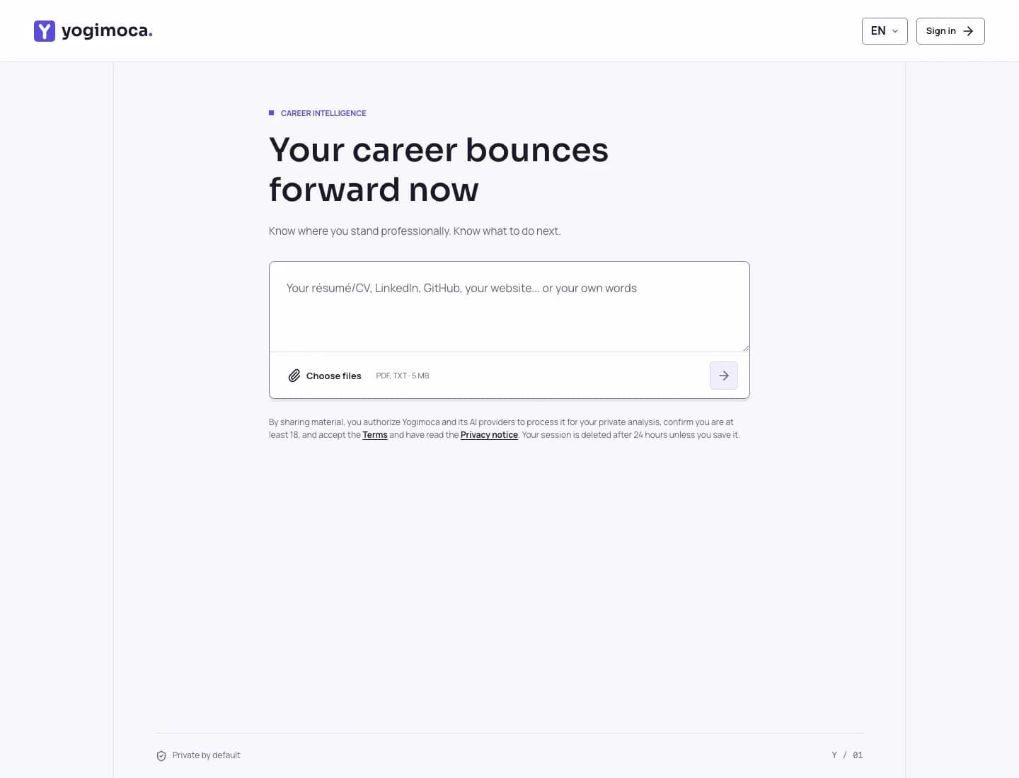 Yogimoca public intake inviting career material such as a CV, LinkedIn, GitHub or plain words.